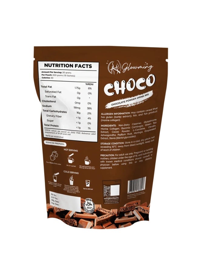 Glowming Choco Wellness Drink Powder 200g Chocolate Collagen Mix with Green Tea Extract Psyllium Husk Stevia Sweetened Halal - Image 2